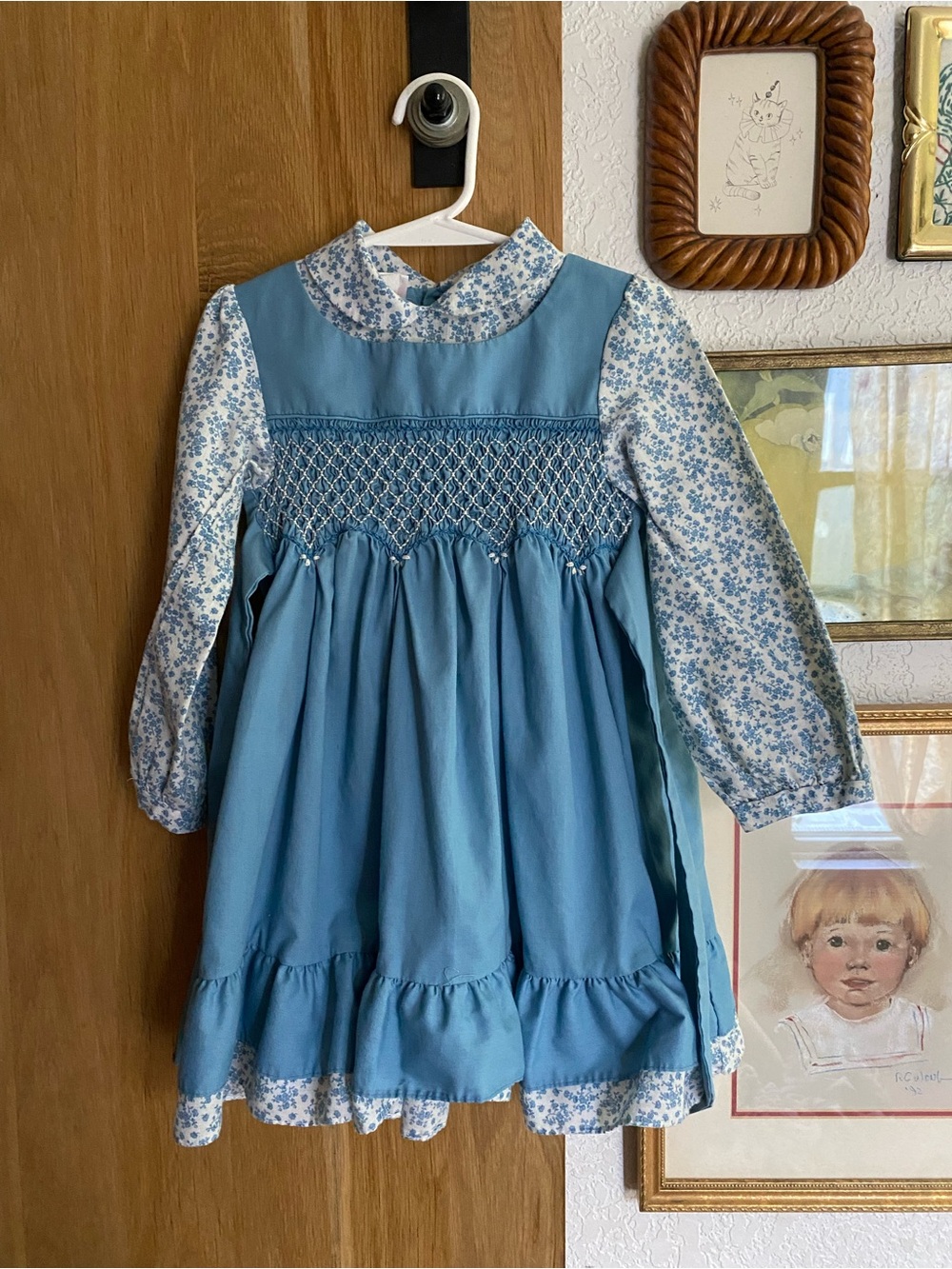 Blue Smocked Dress with Floral Sleeves